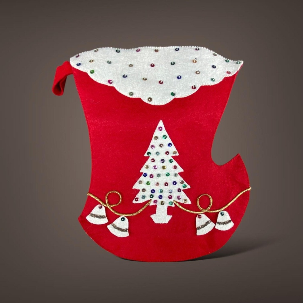Vintage Felt Christmas Stocking Hand Made Tree Bells MidCentury‎ Modern